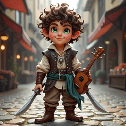 Luka Lightstep, a whimsical male halfling bard, exudes charm with his tousled brown hair and sparkling green eyes. Standing 3 feet tall, he combines style and practicality in his leather armor and colorful sash. Armed with dual daggers and his beloved lute, he’s ever ready for mischief or melody.