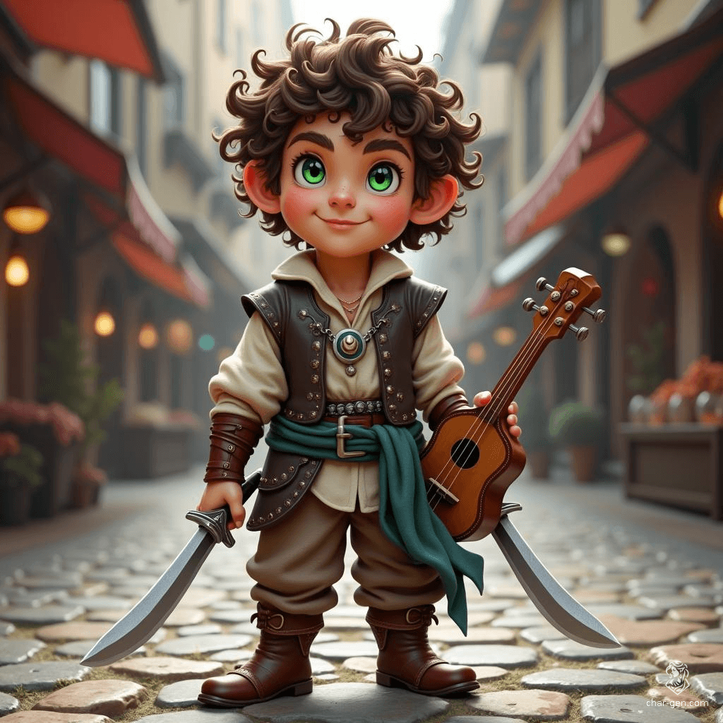 Luka Lightstep, a whimsical male halfling bard, exudes charm with his tousled brown hair and sparkling green eyes. Standing 3 feet tall, he combines style and practicality in his leather armor and colorful sash. Armed with dual daggers and his beloved lute, he’s ever ready for mischief or melody.
