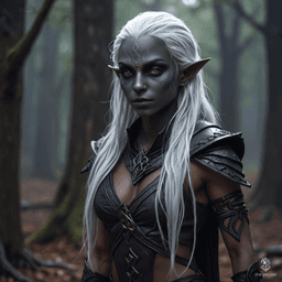 A serene, toned female dark elf monk with distinct tan skin and flowing, bright white hair. Her calm expression and fluid posture exude tranquility. Purple eyes and contrasting white hair enhance her ethereal presence.