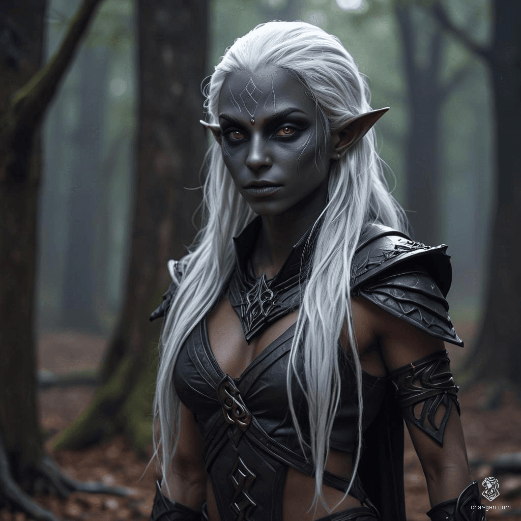 A serene, toned female dark elf monk with distinct tan skin and flowing, bright white hair. Her calm expression and fluid posture exude tranquility. Purple eyes and contrasting white hair enhance her ethereal presence.