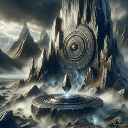 Amidst towering, jagged cliffs that pierce the sky, a colossal rock formation looms, carved by time and magic. At its summit lies a sacred altar, cradling a mysterious obsidian disk that shimmers with ancient runes, emanating an alluring yet eerie glow, surrounded by a misty aura.