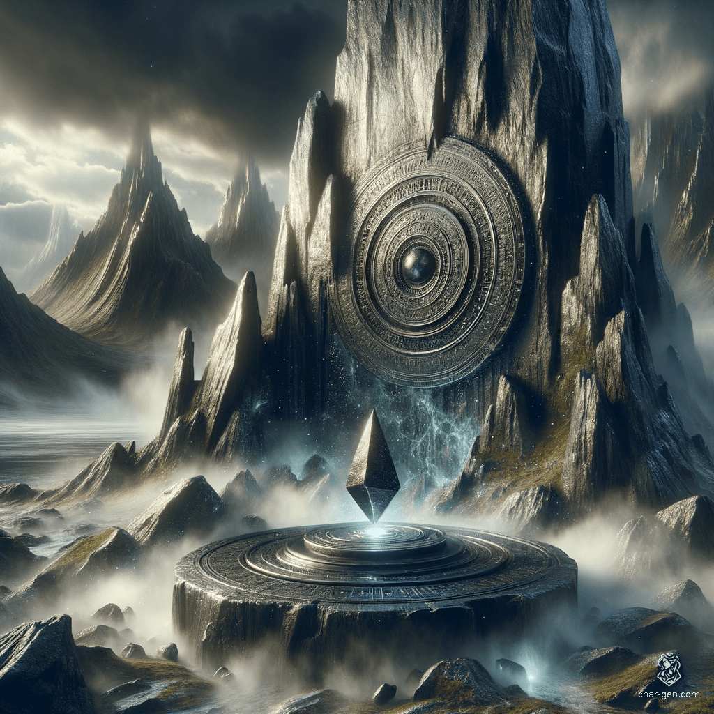 Amidst towering, jagged cliffs that pierce the sky, a colossal rock formation looms, carved by time and magic. At its summit lies a sacred altar, cradling a mysterious obsidian disk that shimmers with ancient runes, emanating an alluring yet eerie glow, surrounded by a misty aura.