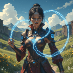 Jouli, a striking middle-aged investigator mage of East Asian descent, stands poised in intricately embossed leather armor. Her pale skin gleams in sunlight as she conjures a glowing blue rune. With a pixie cut and bright, concerned eyes, she balances her roles as a fierce protector and devoted librarian amid ancient tomes.