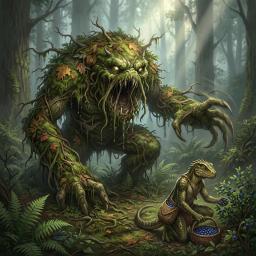 A towering, lurching mound of sodden moss, vines, and rotted bark, stitched with brambles and fungus. Glowing amber sap drips from gaping orifices where roots twist into jagged teeth. Bulbous earth-clods form shifting limbs, exhaling spores that slick its path with cold, wet rot.