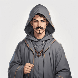 Meet Elric the Enigmatic, a young mage with a distinctive handlebar mustache that curls with mischief. Cloaked in flowing grey robes and a mysterious hoodie, he wields arcane spells with a playful charm, always ready to weave magic and humor into every adventure.