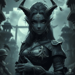 A black-skinned female dwarf sorcerer, adorned in enchanted garments with intricate arcane sigils. She exudes a palpable aura of magic, her contrasting dark skin emphasizing her mystical presence and formidable power.