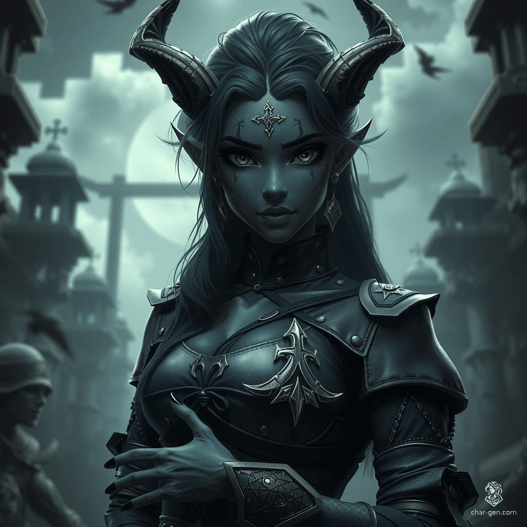 A black-skinned female dwarf sorcerer, adorned in enchanted garments with intricate arcane sigils. She exudes a palpable aura of magic, her contrasting dark skin emphasizing her mystical presence and formidable power.