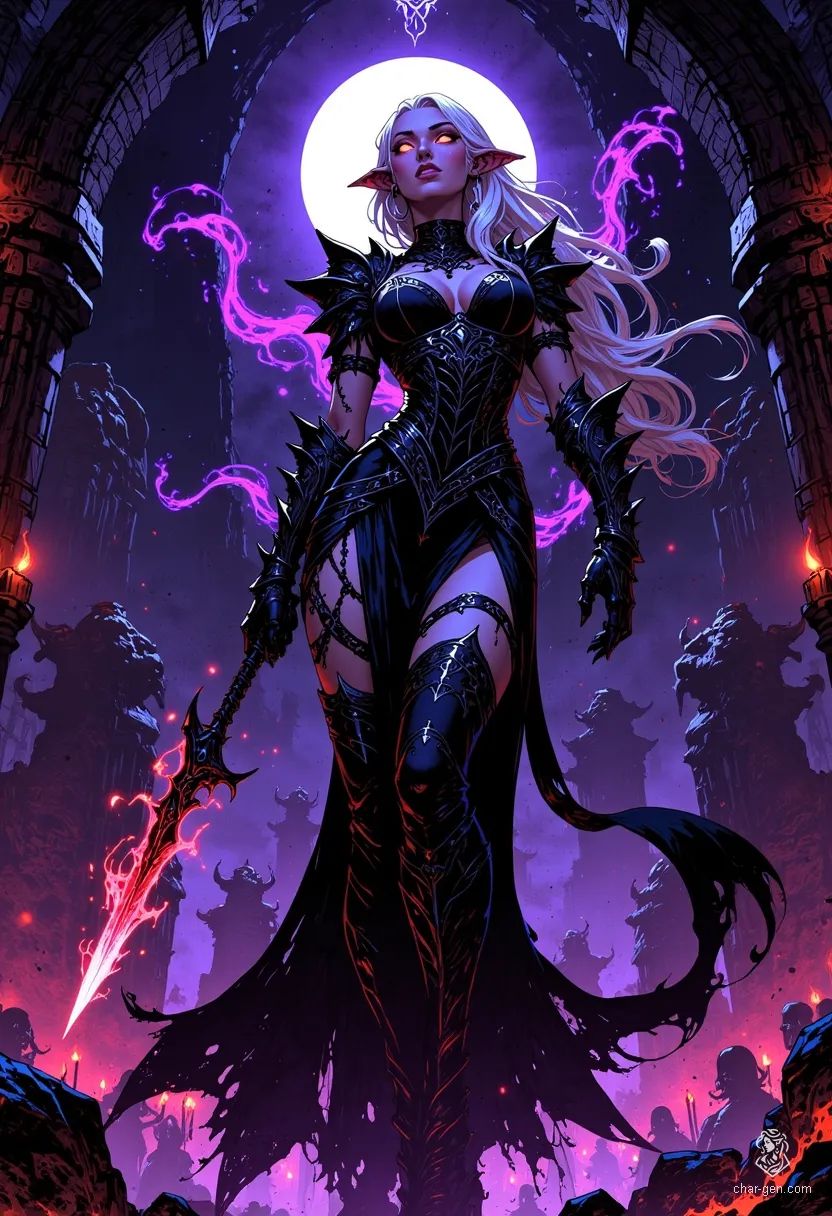 A breathtakingly beautiful Drow priestess, draped in flowing silks and dark armor, wields both divine power and wicked charm. Her obsidian skin shimmers under bioluminescent fungi, and her glowing eyes hint at malice. Captured mid-leap, she conjures eldritch energy, poised between ecstasy and cruelty in her underground temple.