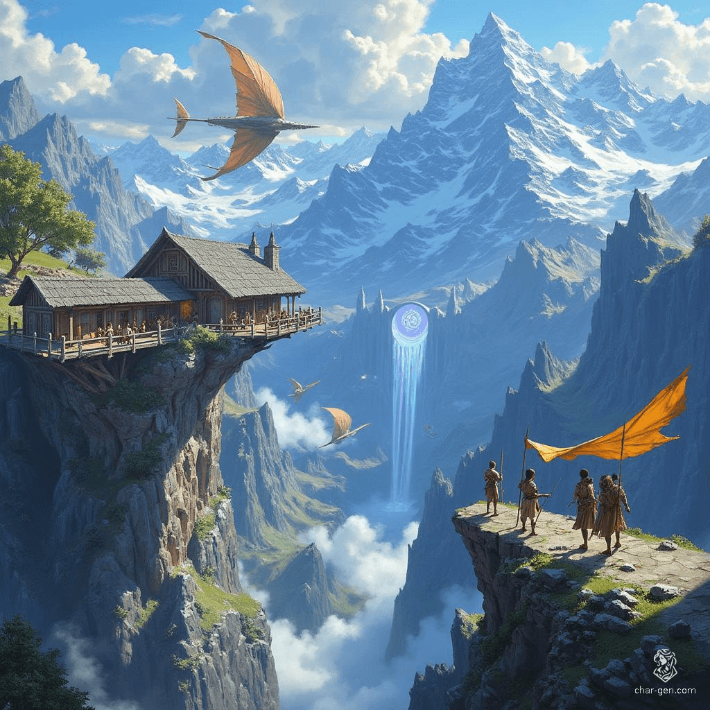 Nestled high among the Summit Peaks, Zephrah emerges from swirling clouds, a magnificent aerie of wood and stone. Cascading waterfalls tumble from rocky ledges, while vibrant wildflowers cling to steep cliffs. Ethereal winds whisper through the air, carrying the essence of elemental magic above the breathtaking landscape.