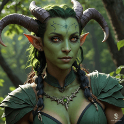 Lilith Valmoira, a wise 327-year-old female Tiefling Druid, blends earthy elements with intelligence. With devilish features like horns and a long tail, she wields a twig-adorned staff and wears detailed hides. Raised amid animosity, she sought solace in nature, only to land in Barovia's cursed valley.
