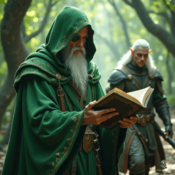 In a verdant cloak, a mysterious wizard clutches an enigmatic closed book, its secrets safeguarded. Behind him strides a stoic elf ranger, with striking white hair and an eye patch, clad in leather armor—a figure of silent strength, both at the edge of destiny's unfolding tale.