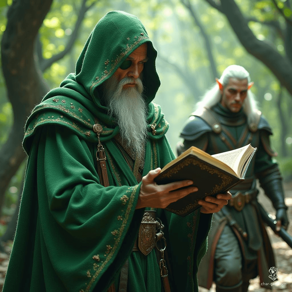 In a verdant cloak, a mysterious wizard clutches an enigmatic closed book, its secrets safeguarded. Behind him strides a stoic elf ranger, with striking white hair and an eye patch, clad in leather armor—a figure of silent strength, both at the edge of destiny's unfolding tale.
