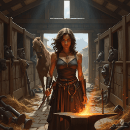 A skilled farrier with a tan complexion, she stands strong and athletic, forging tools amid flying sparks. Adorned with a mystical amulet featuring a horseshoe, her wavy hair frames determined features. Behind her, a majestic horse awaits, embodying her bond with the magnificent creatures she serves.