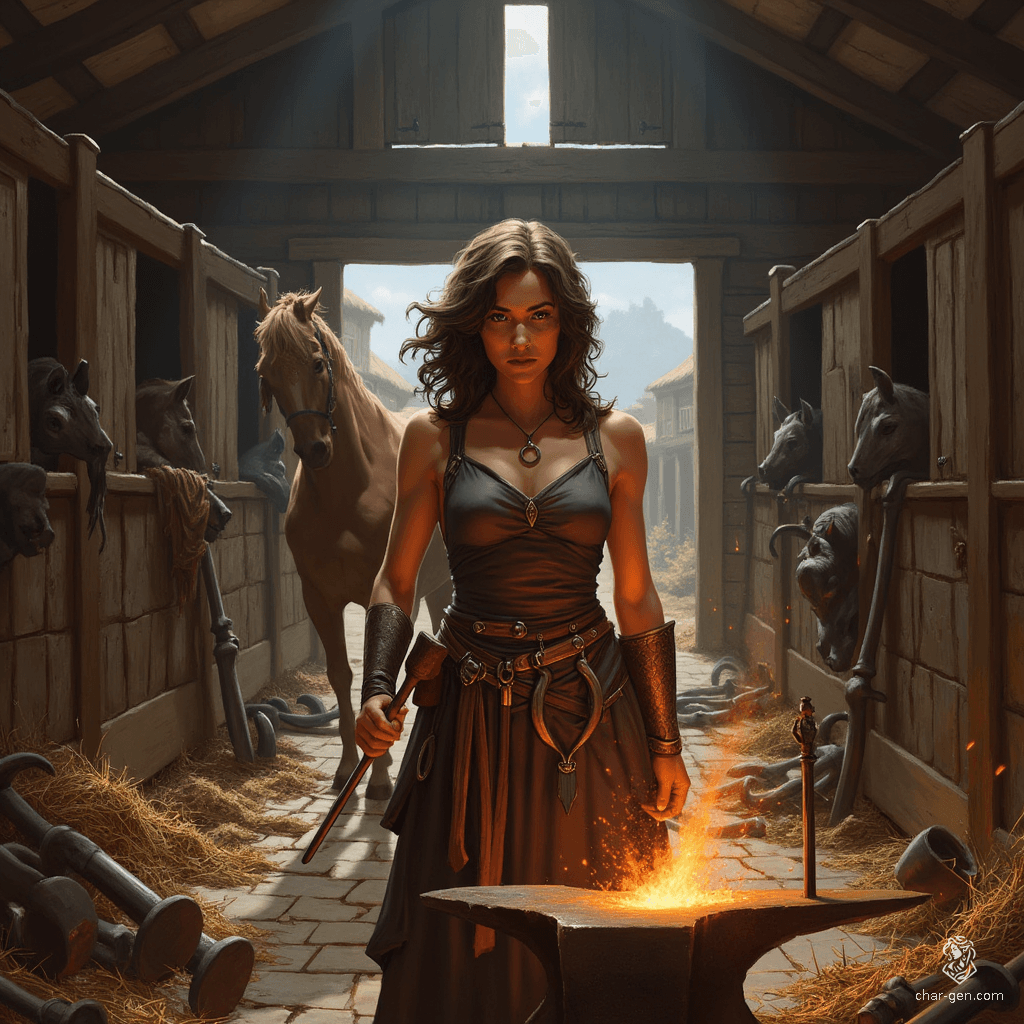 A skilled farrier with a tan complexion, she stands strong and athletic, forging tools amid flying sparks. Adorned with a mystical amulet featuring a horseshoe, her wavy hair frames determined features. Behind her, a majestic horse awaits, embodying her bond with the magnificent creatures she serves.