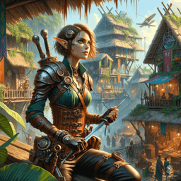 Odette Greyhound is a nimble and extraordinarily intelligent half-elf Artificer and Rogue. With an inquisitive, intelligent look on her round face and short light brown hair, she stealths deftly across rooftops. Draped in intricately detailed leather armor, she wields a rapier confidently and carries mechanical devices.