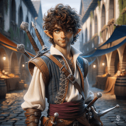 Luka Lightstep is a charismatic halfling bard with tousled brown hair and sparkling green eyes full of mischief. Standing at 3 feet tall, he blends style and practicality in his leather armor, colorful sash, and dual daggers. Always ready to entertain, his lute is a constant companion on his adventurous journey.