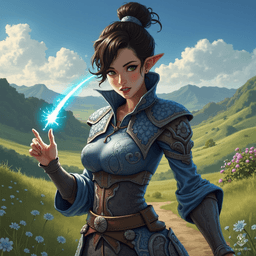 Jouli is a striking middle-aged investigator mage of East Asian descent, standing 5'4" with a slender frame and ample curves concealed beneath intricately embossed leather armor. Her shimmering pale skin glows under the sunlight, and her bright eyes reflect determination as she traces a large blue rune in a defensive stance, surrounded by ancient texts in her library haven.