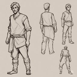 A humble human peasant, clad in simple, light clothing, stands in an A pose for a character profile sketch. The figure is presented from front, side, and back views, showcasing a plain but realistic design perfect for game development.