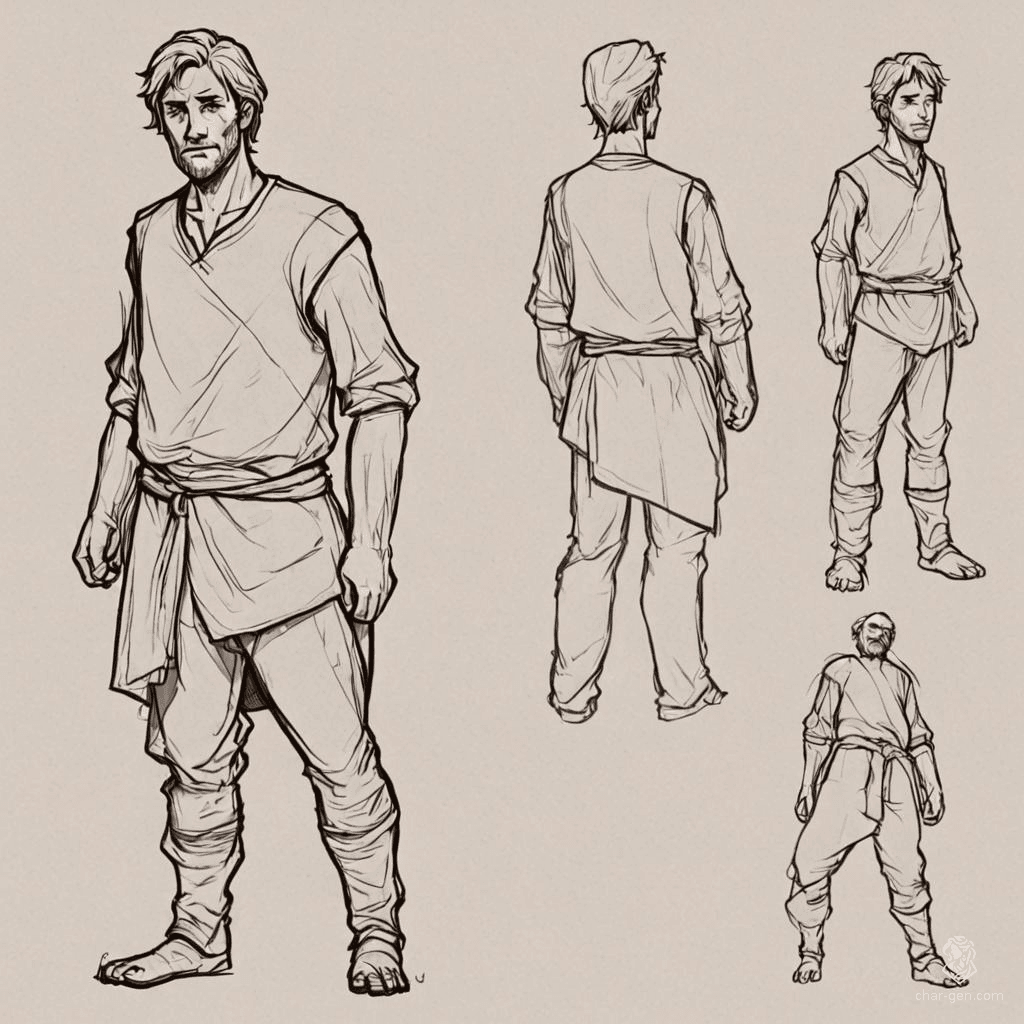A humble human peasant, clad in simple, light clothing, stands in an A pose for a character profile sketch. The figure is presented from front, side, and back views, showcasing a plain but realistic design perfect for game development.