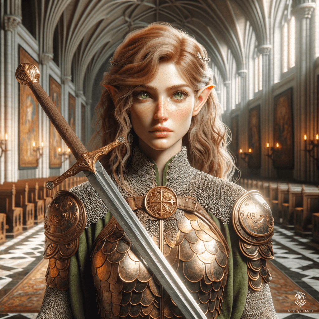 Kira Smith is a 180-year-old High Elf Cleric known for her serene demeanor and iconic healing abilities. Sporting intricate scale mail and wielding a longsword, she exudes strength and wisdom. With pale, freckled skin, striking green eyes, and long wavy auburn hair, Kira captivates all with her extreme charm and intelligence.