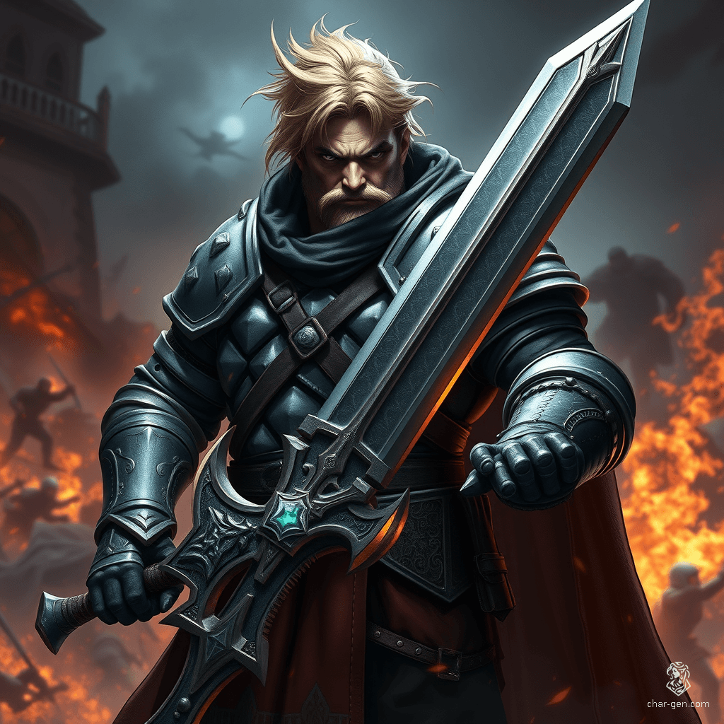 Sig Curtis stands as a formidable warrior at 2 meters tall, embodying resilience and determination. Clad in battle-worn half armor, he wields a magnificent, glowing great sword. With a shadowy aura enveloping him, he readies himself amidst the chaos of a fierce battle.