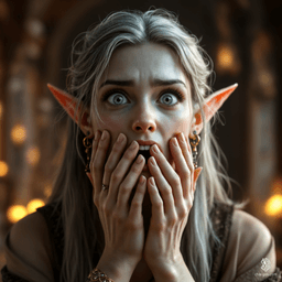 A porcelain-skinned elf stands in shock, mouth agape and hand covering their face, revealed in stunning 8K HDR detail. Intricately adorned with jewelry, their flowing hair frames pointed ears amidst a blurred grand library background, capturing a profound moment of revelation and emotion.