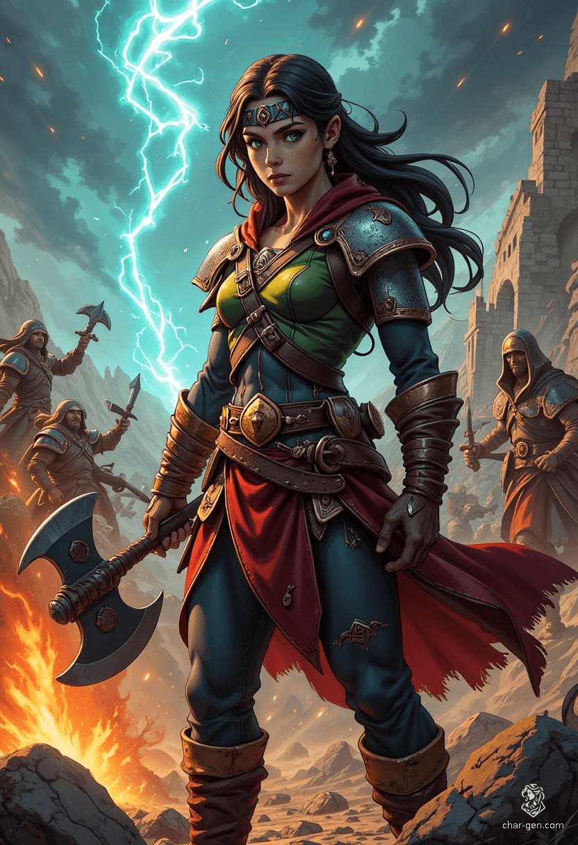 Cyren is a daring 16-year-old half-orc barbarian smuggler, standing 6'1" with slate grey skin and striking green eyes. Armed with a greataxe, she's formidable and resilient, driven by a quest for vengeance against a treacherous thief. Cynical yet adventurous, she thrives on risk.