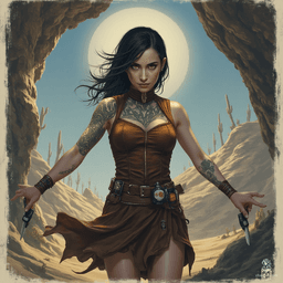 Izzy, a newly emancipated halfling assassin, is a perky yet lethal investigator specializing in crossbows. With striking yellow-green snake-like eyes and green scale tattoos on her bare arms, she blends beauty with danger. Adorned in a tight leather tunic and equipped with concealed daggers, she patiently awaits her prey in the shadows.