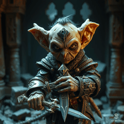 Bittles, a nimble rogue with a stealthy presence, is an anthropomorphic goblin-like urchin. This diminutive figure wields a slender, green-gemmed dagger with a firm grip. Garbed in intricately detailed leather armor, Bittles epitomizes the agile, sharp-eyed rogue archetype.