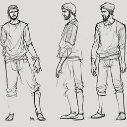 A humble human peasant, clad in simple, light clothing, stands in an A pose for a character profile sketch. The figure is presented from front, side, and back views, showcasing a plain but realistic design perfect for game development.