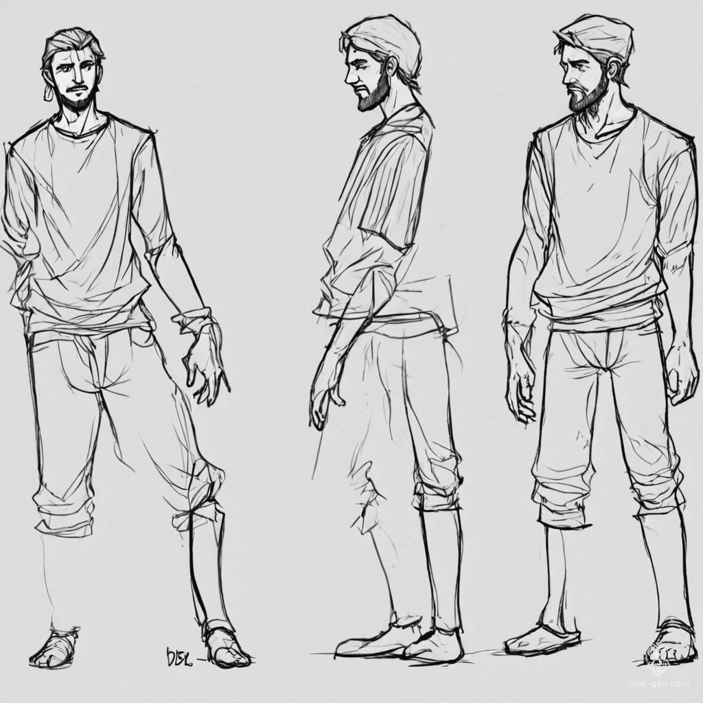 A humble human peasant, clad in simple, light clothing, stands in an A pose for a character profile sketch. The figure is presented from front, side, and back views, showcasing a plain but realistic design perfect for game development.