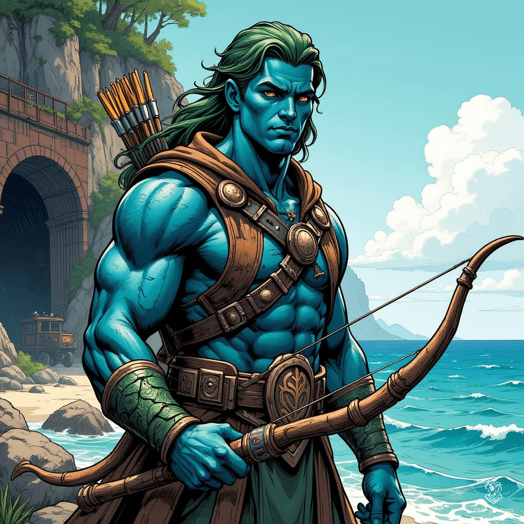 Kaelen, a male triton ranger, stands at the forest cliff's edge, his deep sea-blue skin shimmering with hints of green. With kelp-green, windblown hair adorned in shells, he wields a driftwood bow and a trident-shaped dagger, embodying the harmony of ocean and forest. Adaptable and vigilant, he guards both realms.