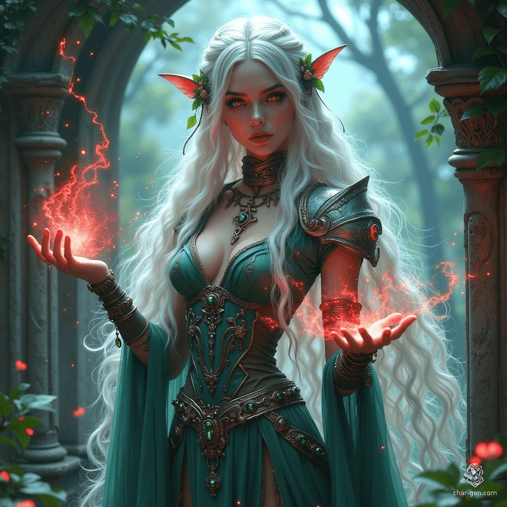 Lirae, a human warlock from the Forgotten Realms, embodies the allure and power of the Feywild. With long, white hair braided with flowers, piercing red eyes, and ethereal pale skin, she wields glowing red magic. Adorned in elegant fey-inspired armor and intricate jewelry, she navigates enchanted forests and battles dark forces, bridging the mystical and the fierce.