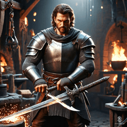 Errkin is a strong and hardy human fighter, typically seen confidently wielding a longsword. Adorned in intricately detailed chainmail, he possesses a medium build and is well-versed with a variety of weapons. His commanding presence is underscored by his physical prowess and skill.
