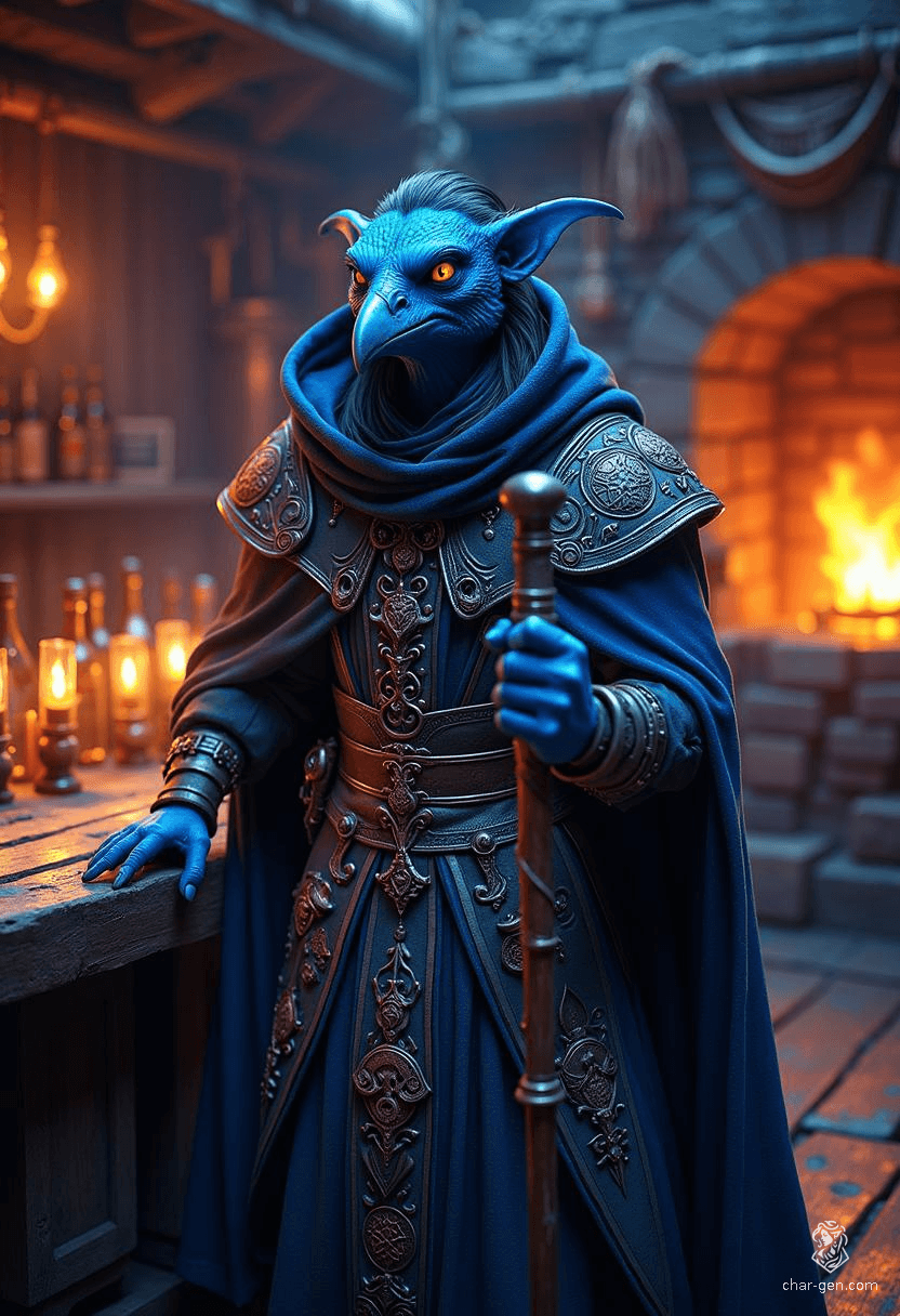 Krackle Brightbeak is a charming, short, avian sorcerer with a distinctive blue skin and raven-like features. Standing at just 3'9", he wields a quarterstaff, adorned in a magical, illusion-shifting cloak, embodying both stealth and unpredictable magic. A skilled spy, he's as hardy as he is intelligent.