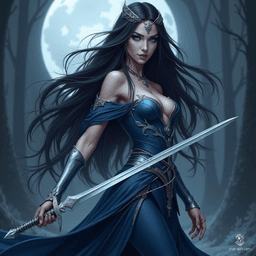 A mesmerizing moon elf bladesinger, she wields a shimmering longsword etched with arcane runes. Her long, dark hair adorned with silver and moon-themed accessories frames radiant, deep blue eyes. Dressed in a flowing dark blue tunic and sleek silver armor, she embodies elegance and deadly grace under the moonlit forest canopy.