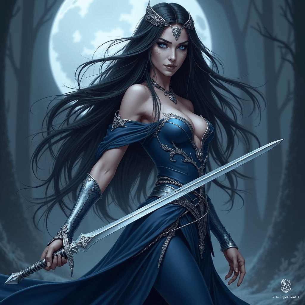 A mesmerizing moon elf bladesinger, she wields a shimmering longsword etched with arcane runes. Her long, dark hair adorned with silver and moon-themed accessories frames radiant, deep blue eyes. Dressed in a flowing dark blue tunic and sleek silver armor, she embodies elegance and deadly grace under the moonlit forest canopy.