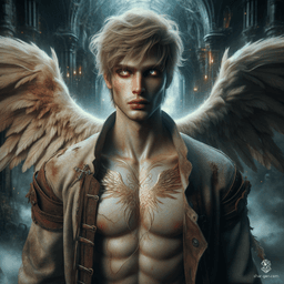 Behold a young male aasimarr, emanating a subtle holy glow. With his dirty blonde hair and piercing, unusually colored eyes, he stands as a pale-skinned, angelic Paladin. Despite his emaciated frame and ragged attire, a dignified, protective aura envelops him, reflecting his noble resolve.