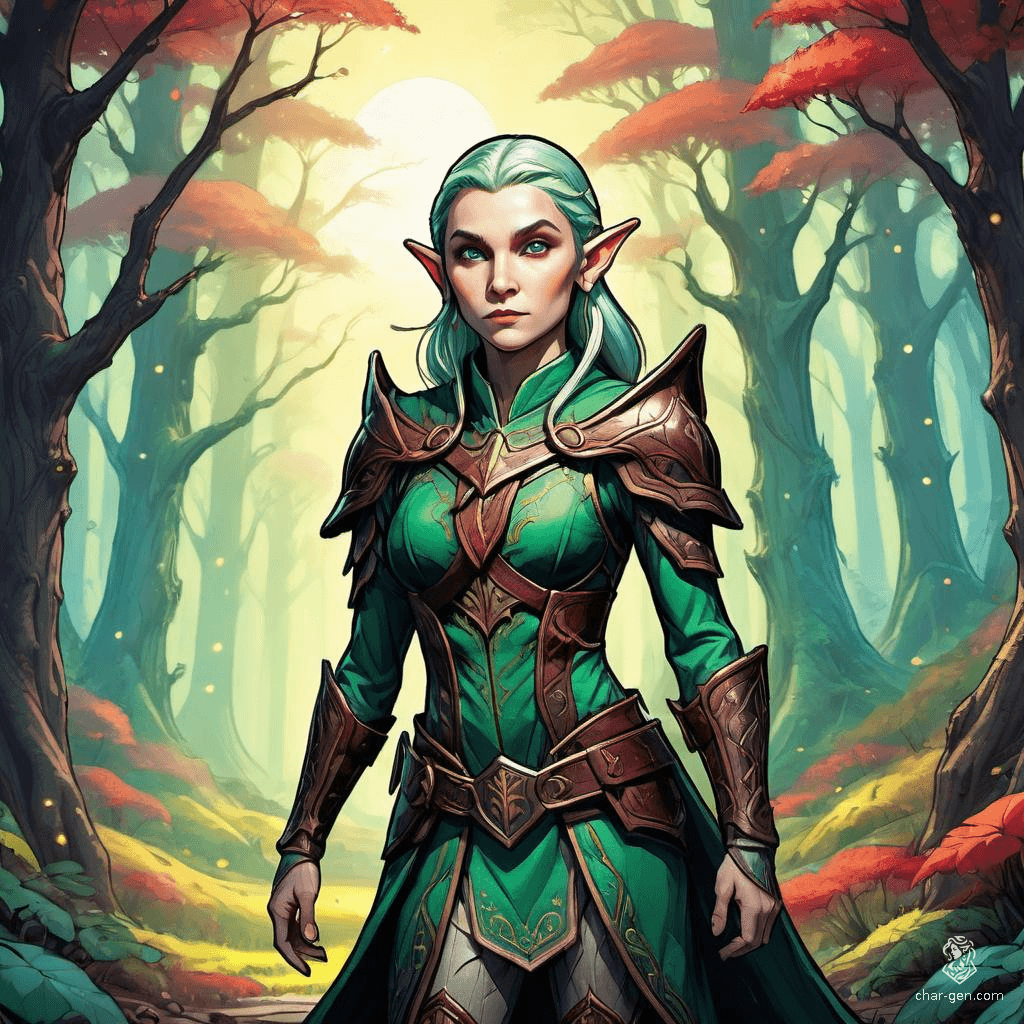 Elyndra, the enigmatic elf of Eldoria, wields the sacred magic of the forest. With shimmering emerald hair and piercing violet eyes, she effortlessly blends elegance and power. A guardian of ancient secrets, Elyndra seeks to protect her realm from dark forces threatening the delicate balance of nature.