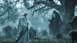 An ancient, kindly male wizard with bright white hair and deep wrinkles stands on a grassy field, clad in pale blue and white robes adorned with arcane sigils. Holding a diamond willow staff, he faces a looming lich across weathered tombstones beneath a sprawling oak.