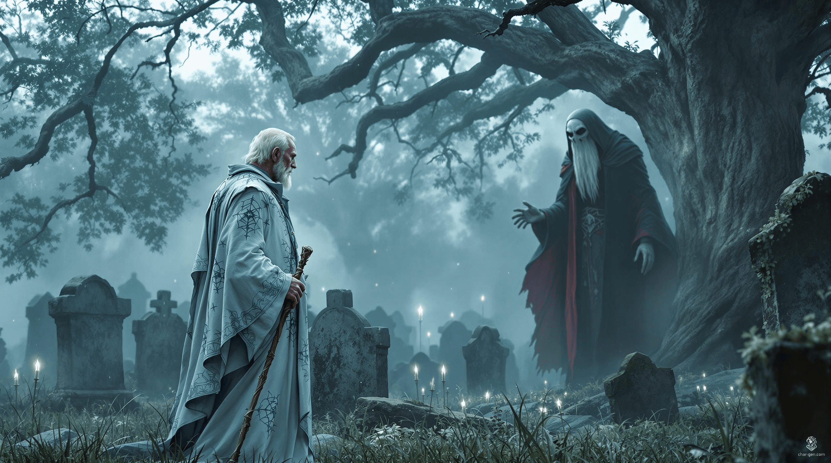 An ancient, kindly male wizard with bright white hair and deep wrinkles stands on a grassy field, clad in pale blue and white robes adorned with arcane sigils. Holding a diamond willow staff, he faces a looming lich across weathered tombstones beneath a sprawling oak.