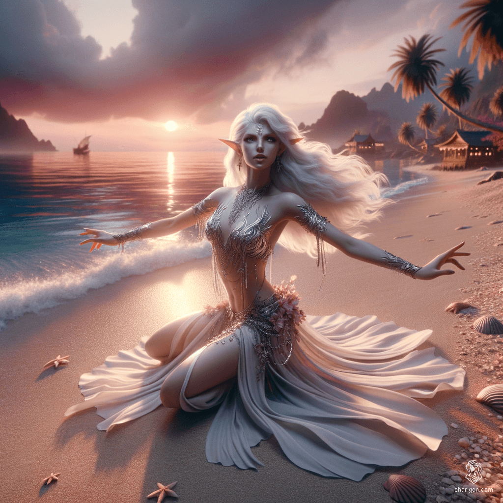 A pale changeling woman with colorless eyes and bright white hair contrasts sharply with her white skin. With a toned physique, she works as a belly dancer, mesmerizing audiences with her ethereal presence and elegant movements.