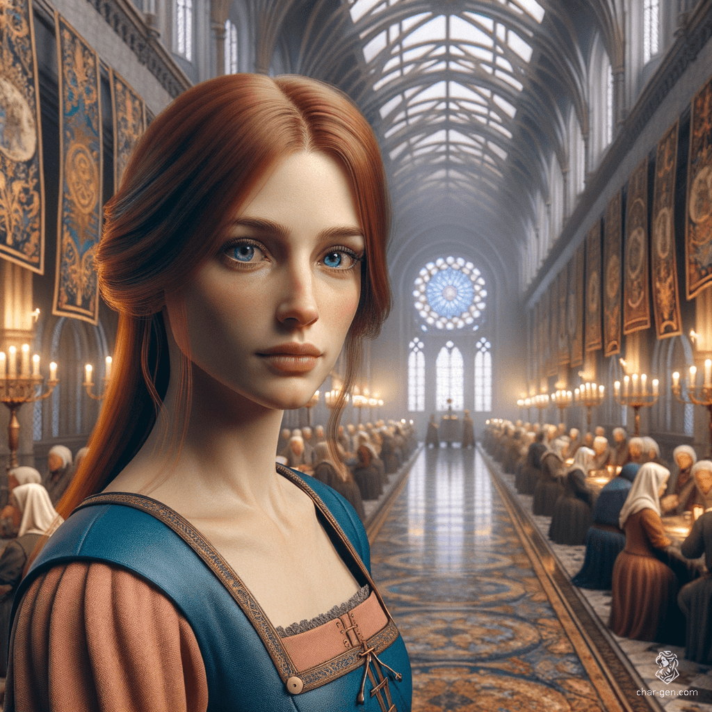 A fair-skinned female spy with long red hair and blue eyes, dressed unassumingly in cobalt and peach servant attire, blends into crowds, discreetly eavesdrops, and carries secret messages. Her inconspicuous presence ensures her effectiveness in gathering intelligence.