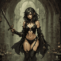 Silhouetted by moonlight, the goblin assassin glided into the chamber with lethal grace. Her agile frame and keen eyes glinted with malice, while a dagger, glistening with deadly poison, promised swift demise to any who dared cross her path.