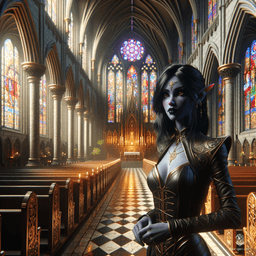 Szatha, a serene and extremely charming 18-year-old Drow cleric, stands at 5'10 with a medium build and nimble frame. Her jet-black skin and black eyes contrast sharply with her vibrant, effervescent, and silly demeanor. Intelligent and wise, Szatha wields her prominent holy symbol with grace and wisdom.