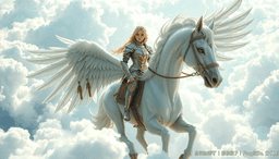 A young woman with long, blond braided hair, clad in radiant white armor, soars gracefully upon a majestic Pegasus through billowing, sunlit clouds. The sky around them blazes in vibrant hues, their ethereal journey a mesmerizing blend of elegance and strength.