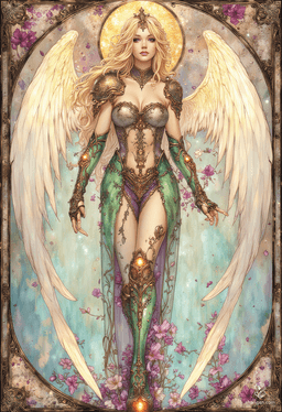 Sigarda, a breathtaking angelic figure, embodies grace and beauty. Dressed in ornate green and gold armor, her golden hair cascades like sunlight. With solid gold glowing eyes and intricate, flowing curves reminiscent of art nouveau, she floats serenely in a vibrant sky, surrounded by delicate floral motifs.