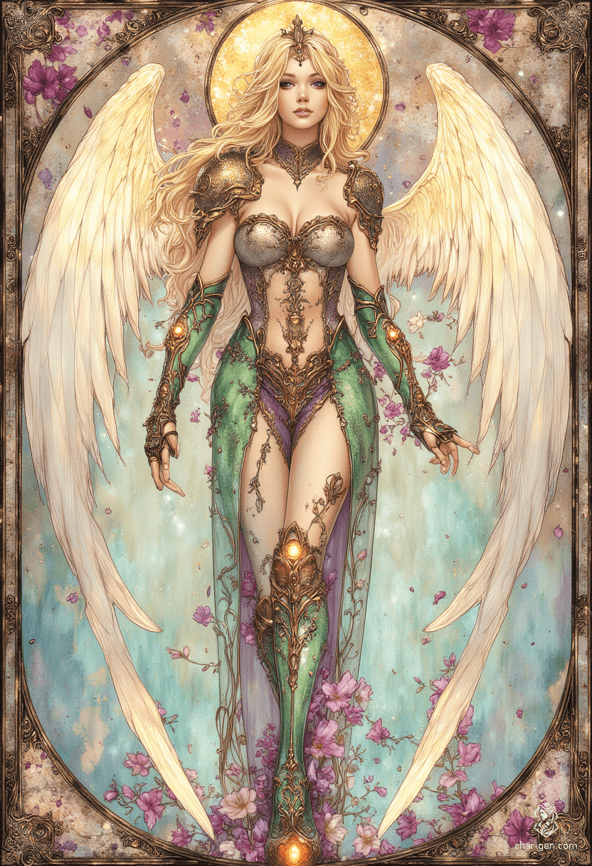 Sigarda, a breathtaking angelic figure, embodies grace and beauty. Dressed in ornate green and gold armor, her golden hair cascades like sunlight. With solid gold glowing eyes and intricate, flowing curves reminiscent of art nouveau, she floats serenely in a vibrant sky, surrounded by delicate floral motifs.