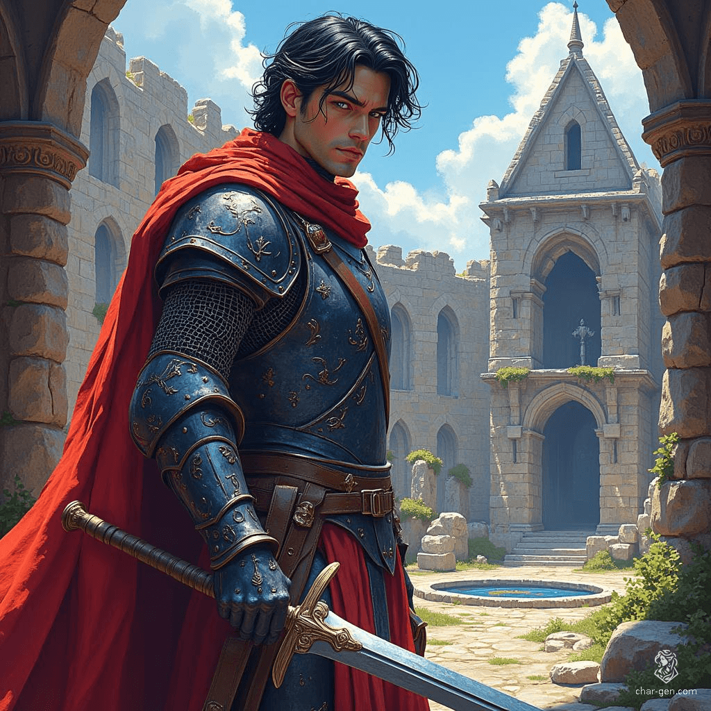 Vaster Menthur, a formidable 40-year-old human fighter, stands 6'0" tall with a medium build. Clad in intricately detailed chain mail, he wields a flail with confidence. His pale skin and jet-black hair contrast with his striking grey eyes, embodying strength and resilience on the battlefield.