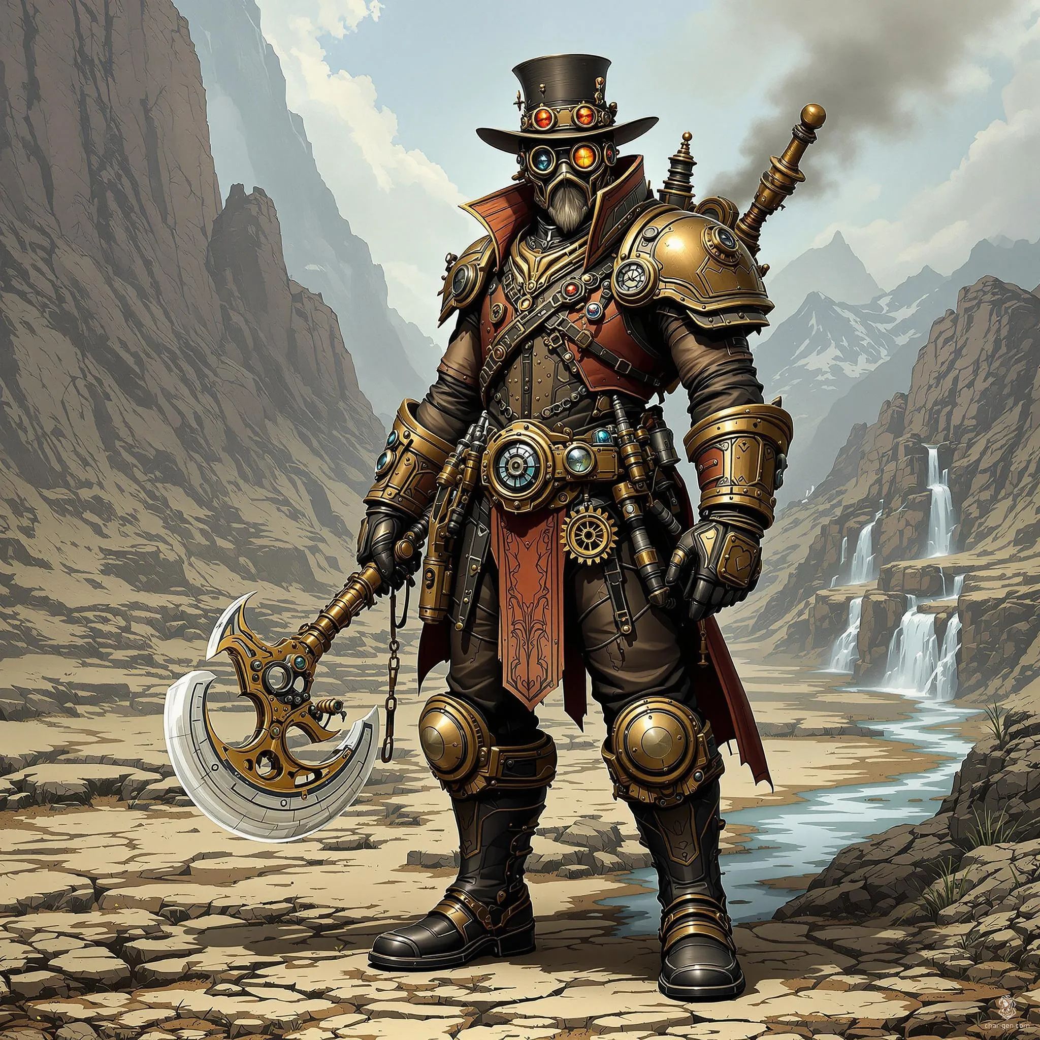 Meet Valeria Cogsworth, a brilliant tinkerer in a steampunk realm, harnessing brass and copper wonders. Adorned with intricate gadgets and goggles, she crafts steam-powered marvels atop rugged mountain peaks, blending Victorian elegance with retro-futuristic innovation, ready to navigate the wonders and dangers of her mechanical world.